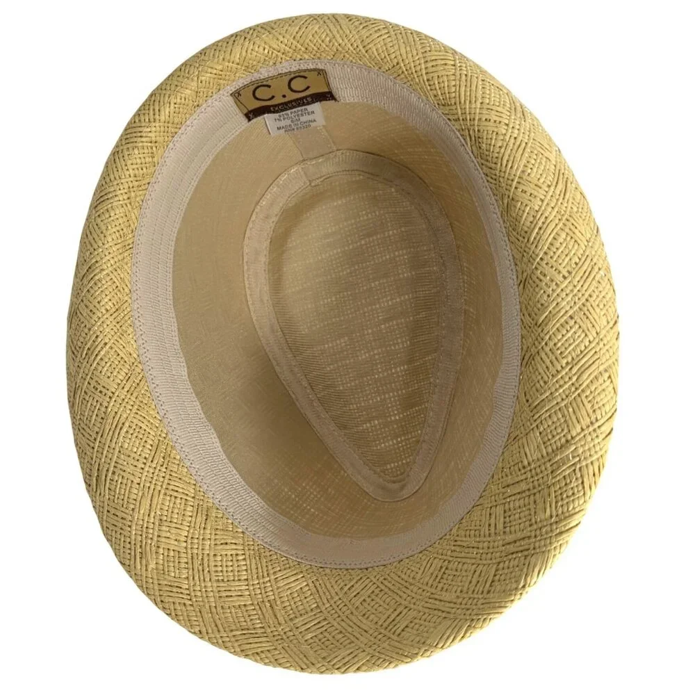 C.C Exclusives Woven Straw Fedora Hat Green Band S/M Lightweight Summer EUC